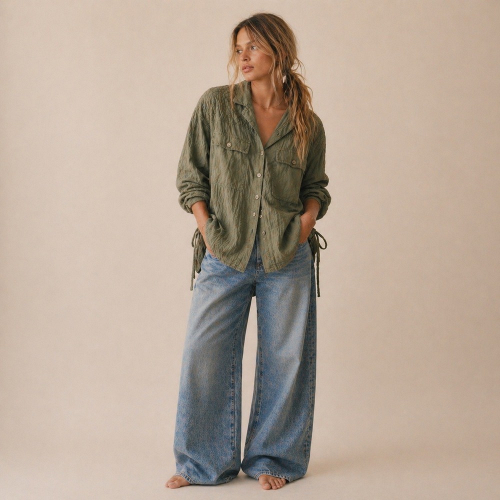 Free People Oversized Quilted Button Down Shirt Green XS NWT